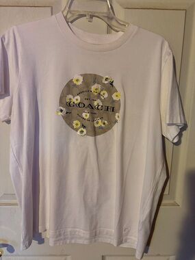 Coach White Tee with Beige Floral Logo